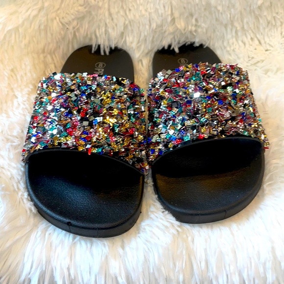 Shoes - Black Multi Color Bling Slides